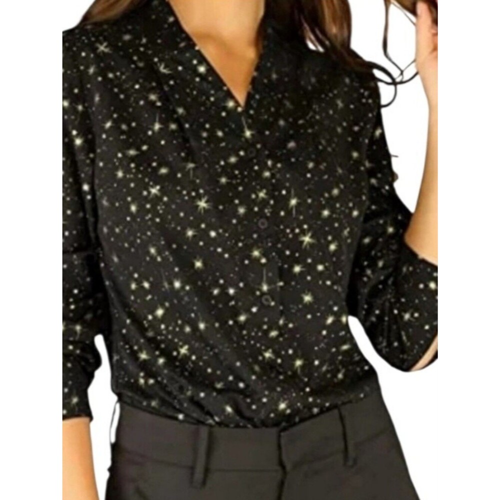 Cabi Mesh Black Star Print Button Down Blouse